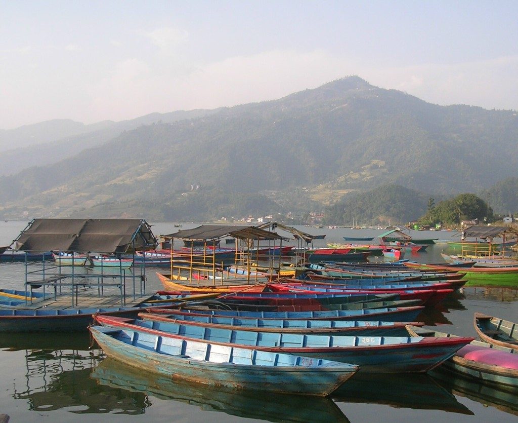 Die berühmten Boote am Phewa See in Pokhara: mehrere bunte, hellblaue Boote (innen und außen) sind nebeneinander am See angehängt. Im Hintergrund sieht man einen bewaldeten Hügel.