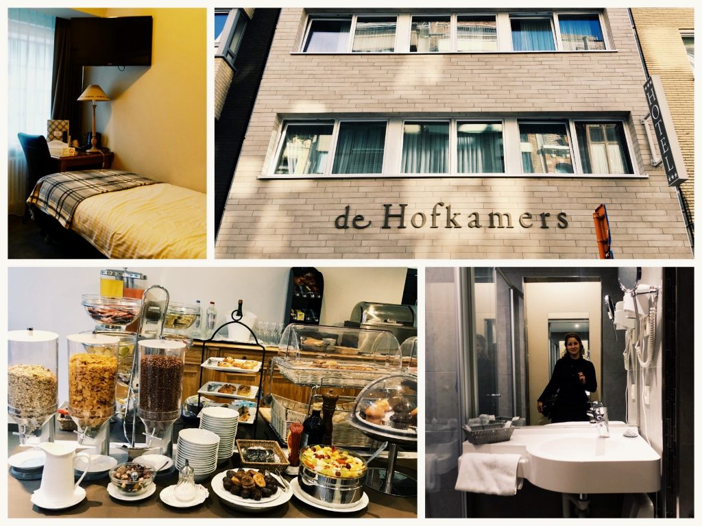 Fotocollage vom Hotel de Hofkamers: Mein Zimmer, die Front des Hotels, das Frühstücksbuffet, das Bad