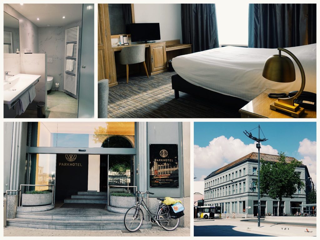 Fotocollage vom Parkhotel in Kortrijk: das Bad, das Zimmer, der Hoteleingang mit Rad, das Gebäude