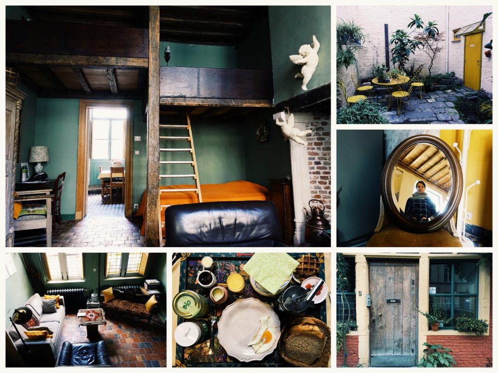 Fotocollage vom B&B Abrahams Prinsenhof: ein Bett und Hochbett, der Garten, ein ovaler Spiegel, ein Wohnzimmerbereich, das Frühstück, die Eingangstür